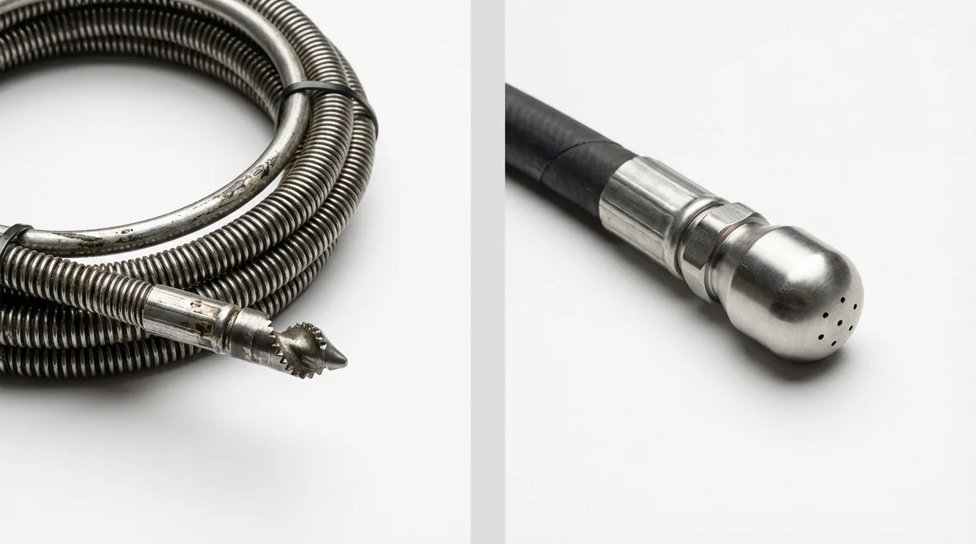 Drain snake cable and hydro jetting nozzle used for drain cleaning in Jefferson, OR