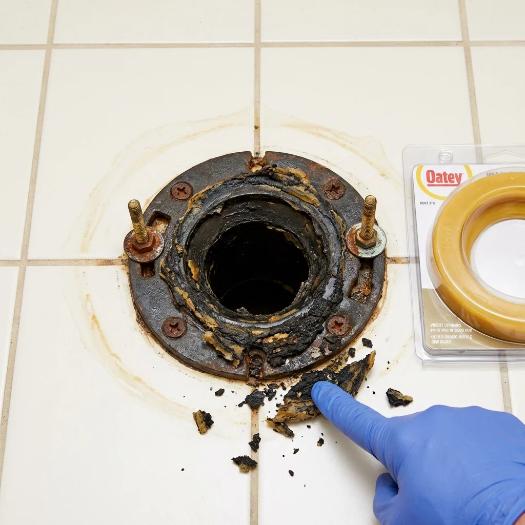 Failed wax ring showing water seepage at the base of a toilet in a Jefferson, OR home