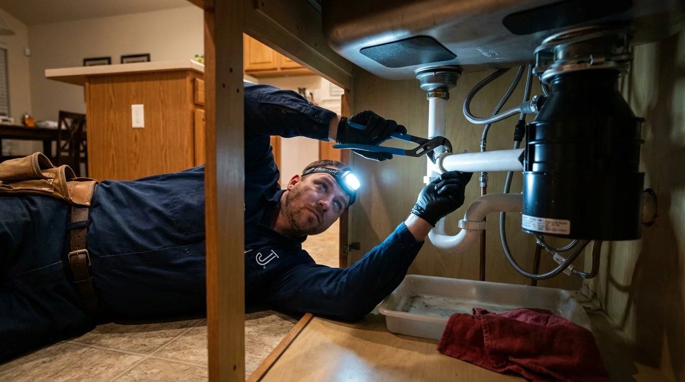 P-trap and supply line connections under a kitchen sink showing a common leak point in Jefferson, OR